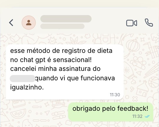 Cliente diz que o método de registro de dieta no ChatGPT é sensacional e que cancelou a assinatura do app.